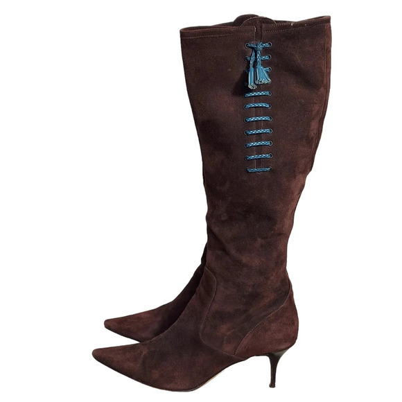Cole Haan Tall Brown Suede Pointed Toe‎ Heeled Boots Blue Leather Tassel Accent - Picture 1 of 14